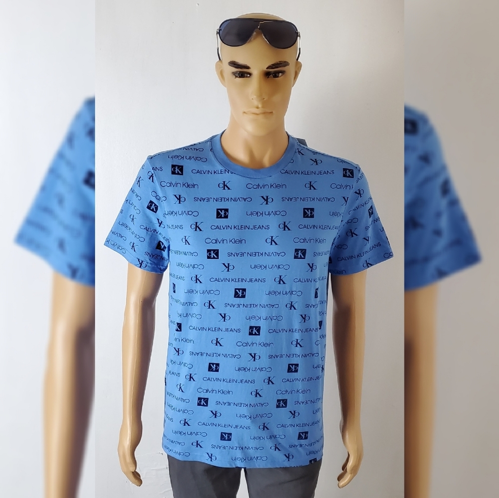 CALVIN KLEIN TSHIRT MEN'S ALLOVER PRINT REPEAT LOGO SCRIPT & CK MONOGRAM C.BLUE